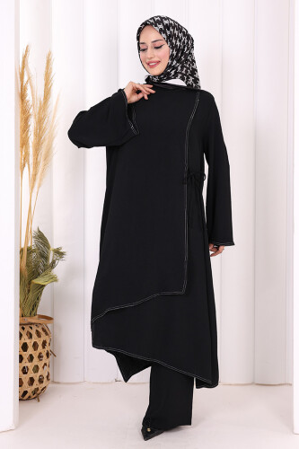 Biyeli Uzun Tunik Pantolon Takım 8005 Siyah - 2