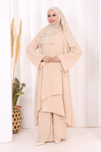 Biyeli Uzun Tunik Pantolon Takım 8005 Taş