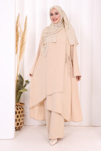 Biyeli Uzun Tunik Pantolon Takım 8005 Taş - 2