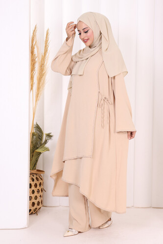 Biyeli Uzun Tunik Pantolon Takım 8005 Taş - 3