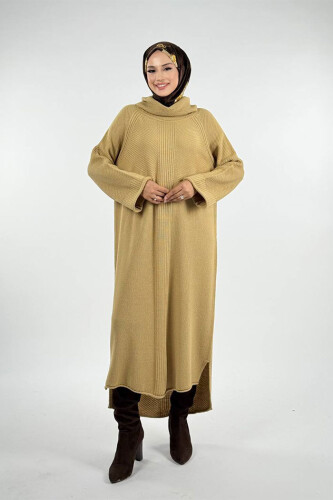 Boğazlı Triko Elbise 18209 Bej - Bym Fashion