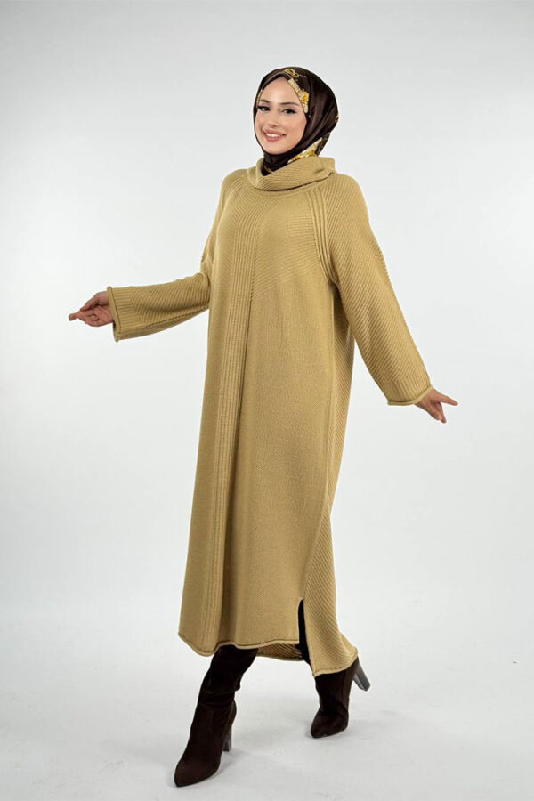 Boğazlı Triko Elbise 18209 Bej - 3