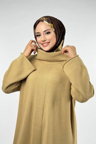 Boğazlı Triko Elbise 18209 Bej - 4