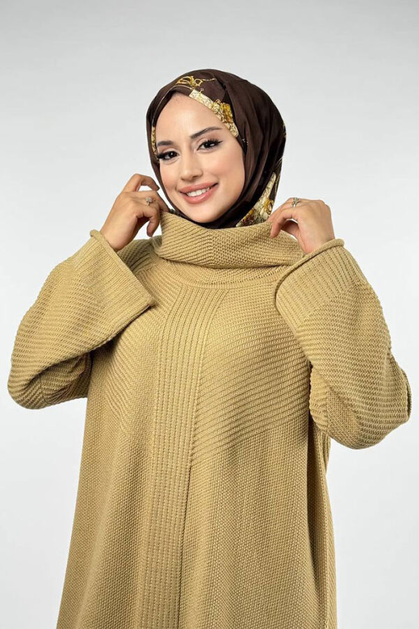 Boğazlı Triko Elbise 18209 Bej - 4