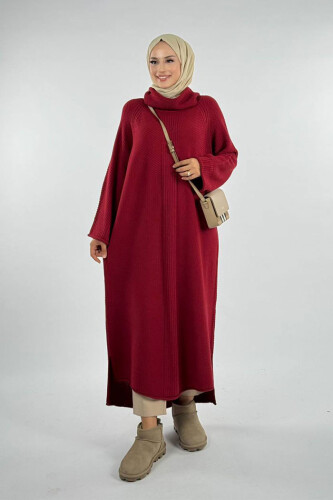 Boğazlı Triko Elbise 18209 Bordo - Bym Fashion