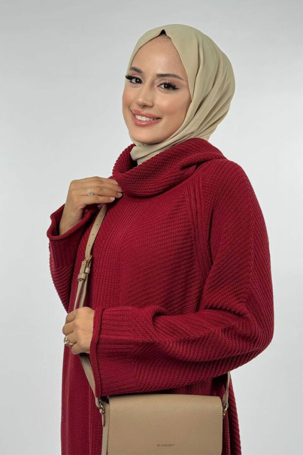 Boğazlı Triko Elbise 18209 Bordo - 4