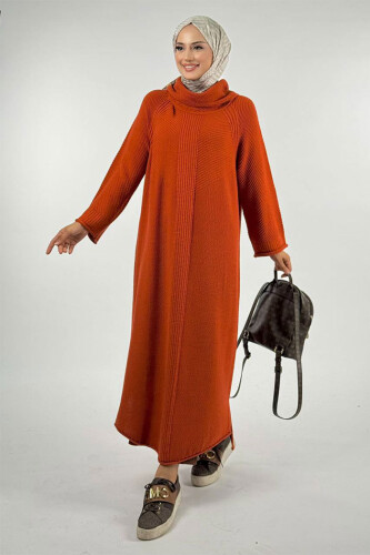 Boğazlı Triko Elbise 18209 Kiremit - Bym Fashion