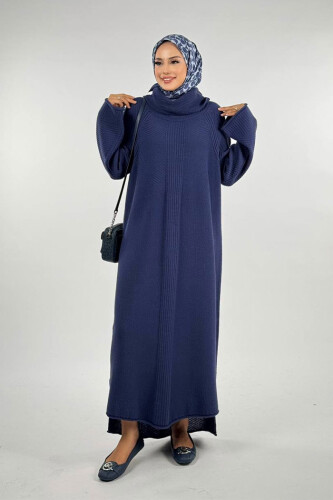 Boğazlı Triko Elbise 18209 Lacivert - Bym Fashion