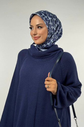 Boğazlı Triko Elbise 18209 Lacivert - 4