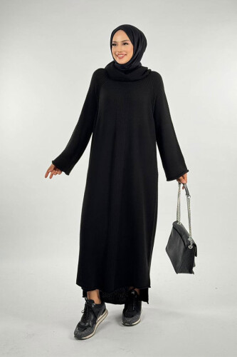 Boğazlı Triko Elbise 18209 Siyah - Bym Fashion