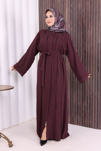 Boncuk İşlemeli Tam Boy Ferace 7894 Bordo - Bym Fashion