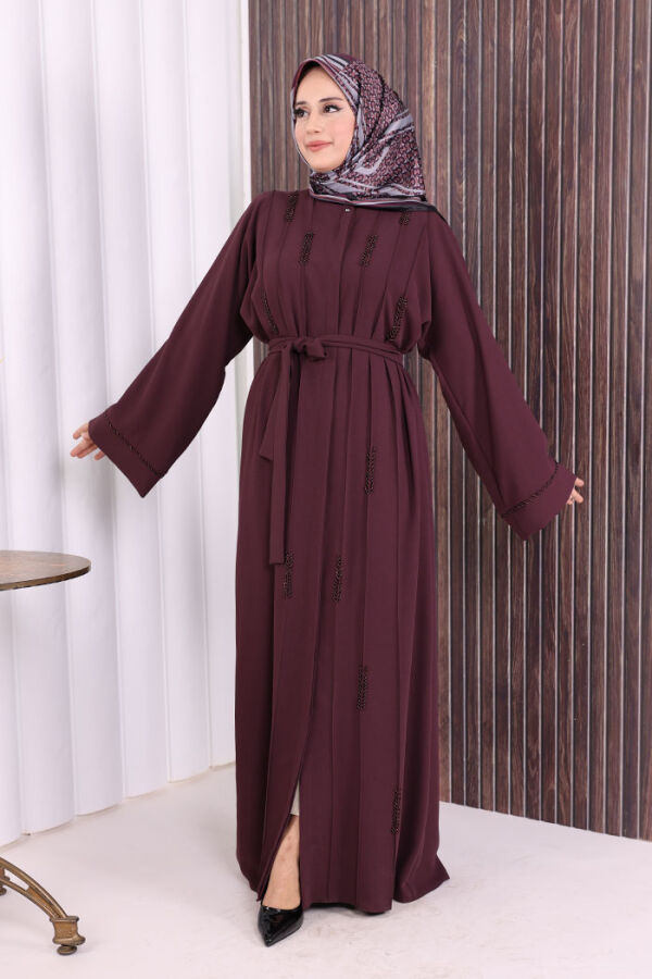 Boncuk İşlemeli Tam Boy Ferace 7894 Bordo - 1