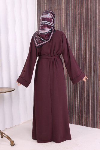 Boncuk İşlemeli Tam Boy Ferace 7894 Bordo - 3