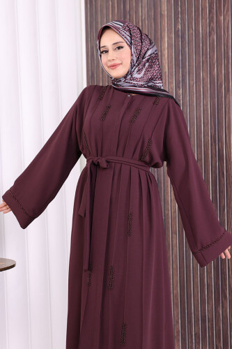 Boncuk İşlemeli Tam Boy Ferace 7894 Bordo - 4