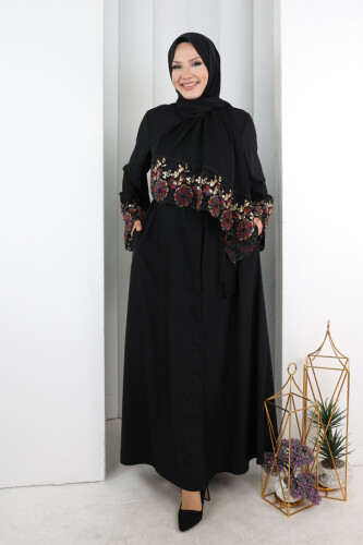 Boncuk Nakışlı Ferace 9203 Siyah-Bordo - 2