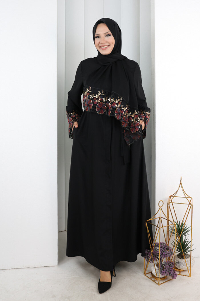 Boncuk Nakışlı Ferace 9203 Siyah-Bordo - 2