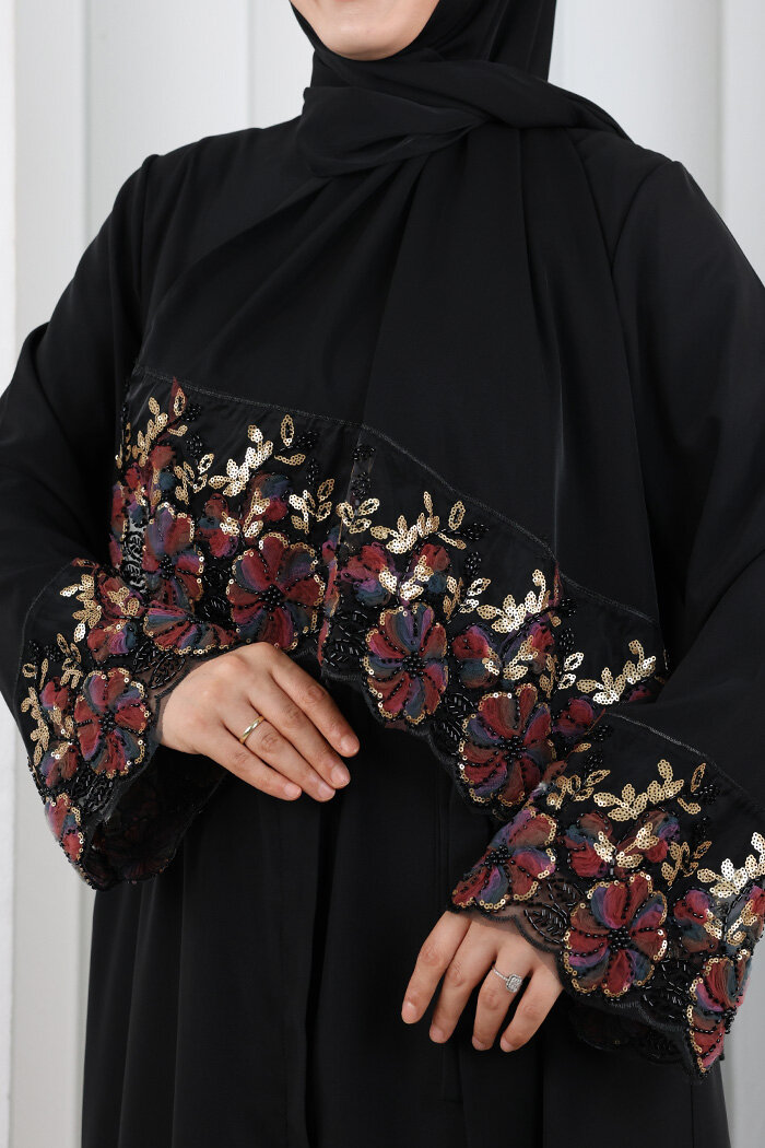 Boncuk Nakışlı Ferace 9203 Siyah-Bordo - 5