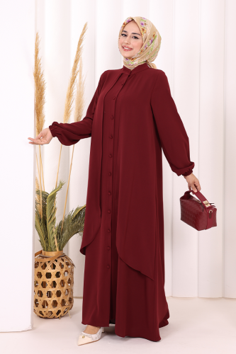 Boydan Düğmeli Elbise 6045 Bordo - 3