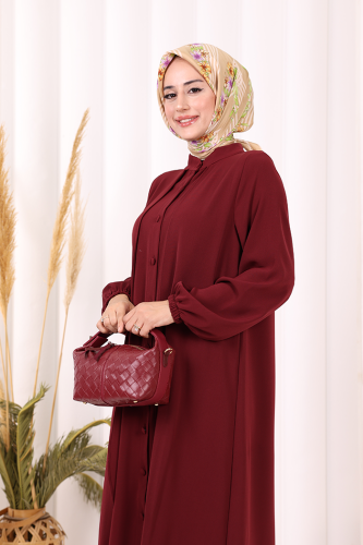 Boydan Düğmeli Elbise 6045 Bordo - 5