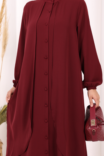 Boydan Düğmeli Elbise 6045 Bordo - 6