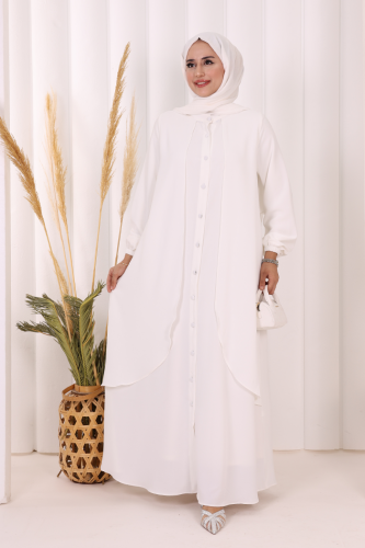 Boydan Düğmeli Elbise 6045 Ekru - Bym Fashion