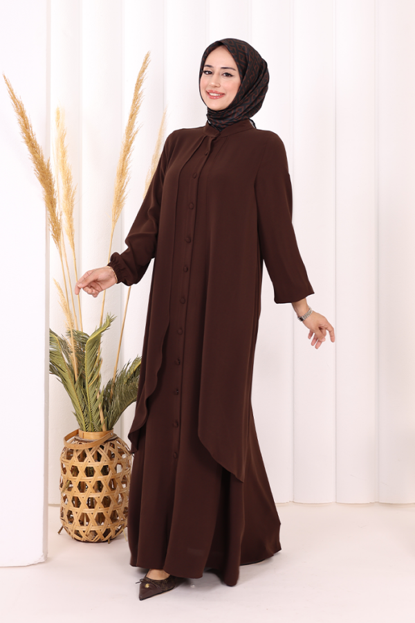 Boydan Düğmeli Elbise 6045 Kahverengi - 3