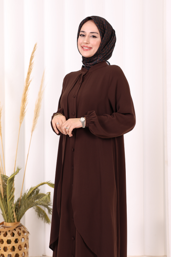 Boydan Düğmeli Elbise 6045 Kahverengi - 4