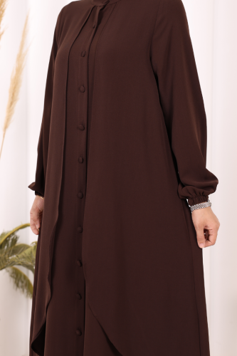 Boydan Düğmeli Elbise 6045 Kahverengi - 5