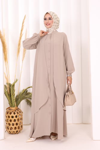 Boydan Düğmeli Elbise 6045 Vizon - Bym Fashion