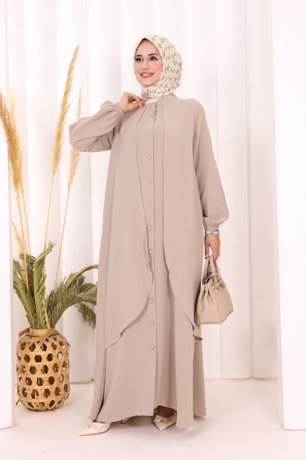 Boydan Düğmeli Elbise 6045 Vizon - 1
