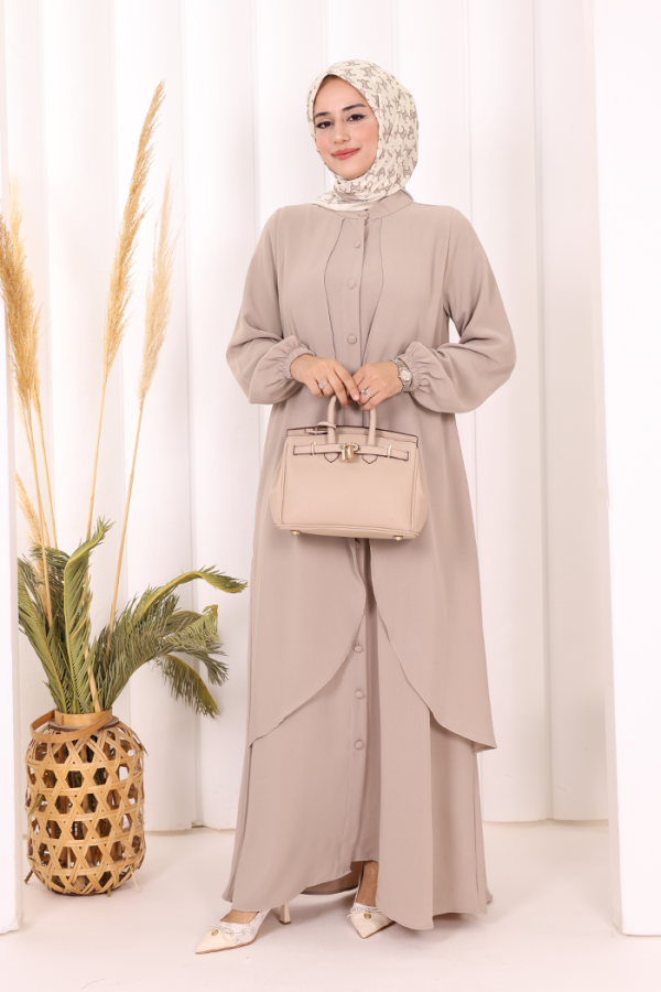 Boydan Düğmeli Elbise 6045 Vizon - 2