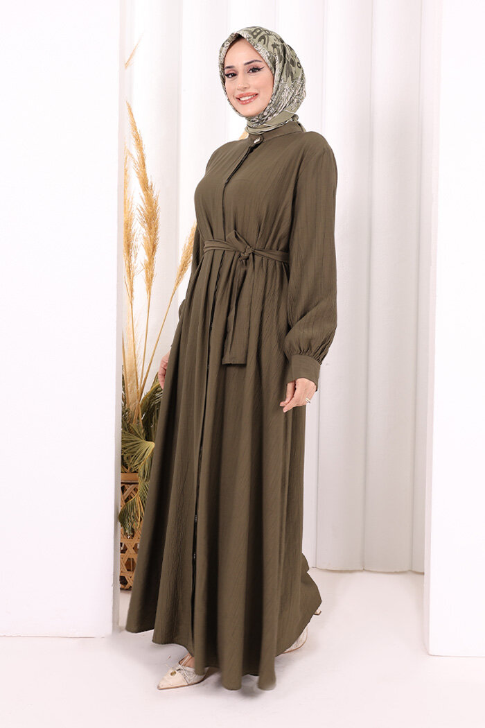 Hac Umre Elbise Boydan Düğmeli 7053 Haki - 3