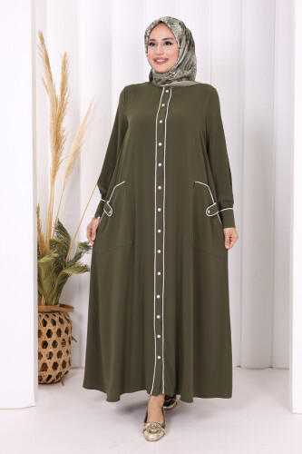 Boydan Düğmeli Ferace Elbise 3975 Haki - Bym Fashion