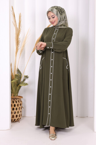 Boydan Düğmeli Ferace Elbise 3975 Haki - 2