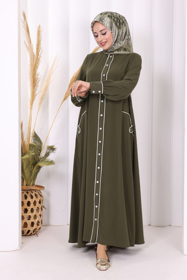 Boydan Düğmeli Ferace Elbise 3975 Haki - 2