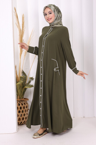 Boydan Düğmeli Ferace Elbise 3975 Haki - 3