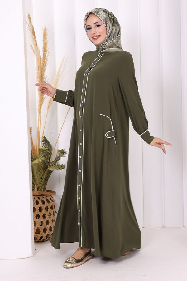 Boydan Düğmeli Ferace Elbise 3975 Haki - 3