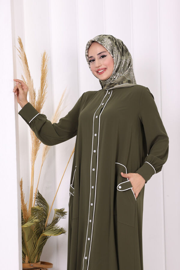 Boydan Düğmeli Ferace Elbise 3975 Haki - 5