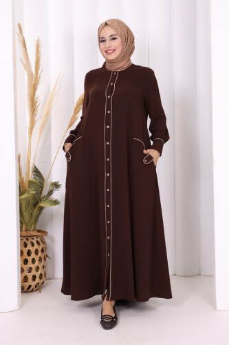 Boydan Düğmeli Ferace Elbise 3975 Kahverengi - Bym Fashion