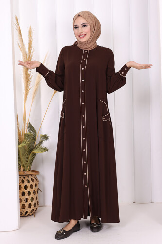 Boydan Düğmeli Ferace Elbise 3975 Kahverengi - 2