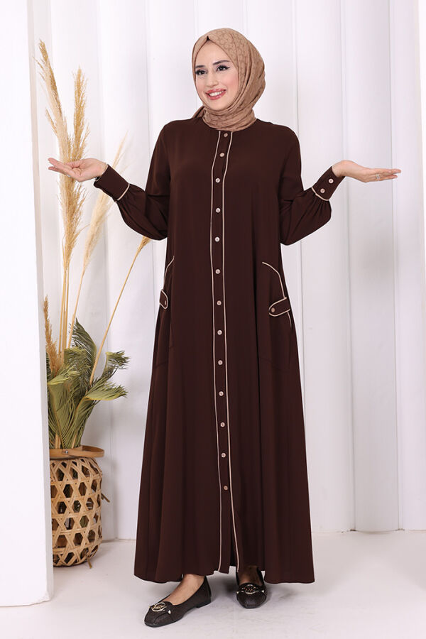 Boydan Düğmeli Ferace Elbise 3975 Kahverengi - 2