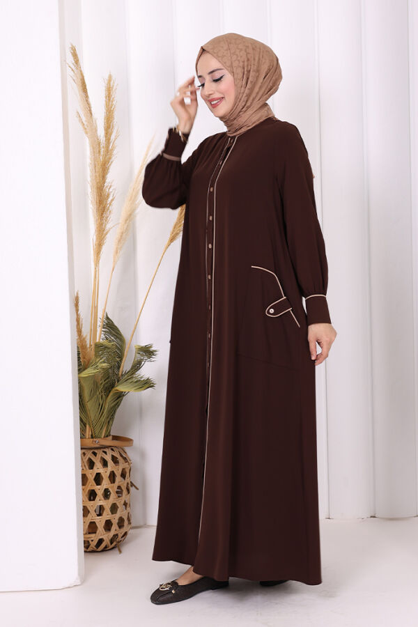 Boydan Düğmeli Ferace Elbise 3975 Kahverengi - 3