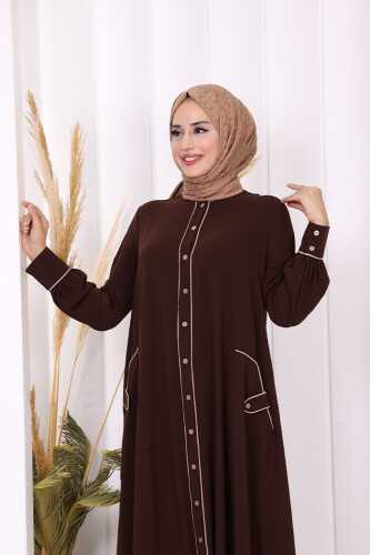 Boydan Düğmeli Ferace Elbise 3975 Kahverengi - 5