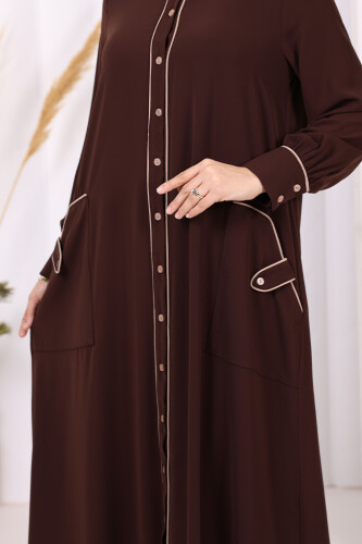 Boydan Düğmeli Ferace Elbise 3975 Kahverengi - 6