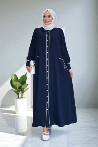 Boydan Düğmeli Ferace Elbise 3975 Lacivert - Bym Fashion