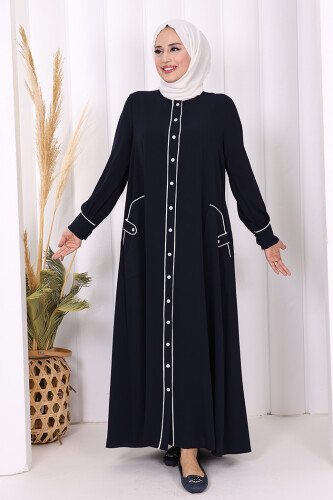 Boydan Düğmeli Ferace Elbise 3975 Lacivert - 2