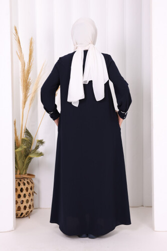 Boydan Düğmeli Ferace Elbise 3975 Lacivert - 4