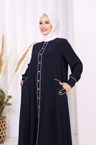 Boydan Düğmeli Ferace Elbise 3975 Lacivert - 5
