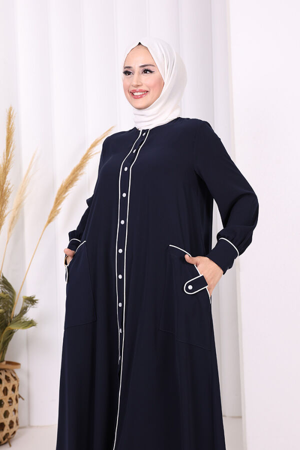 Boydan Düğmeli Ferace Elbise 3975 Lacivert - 5