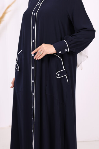 Boydan Düğmeli Ferace Elbise 3975 Lacivert - 6